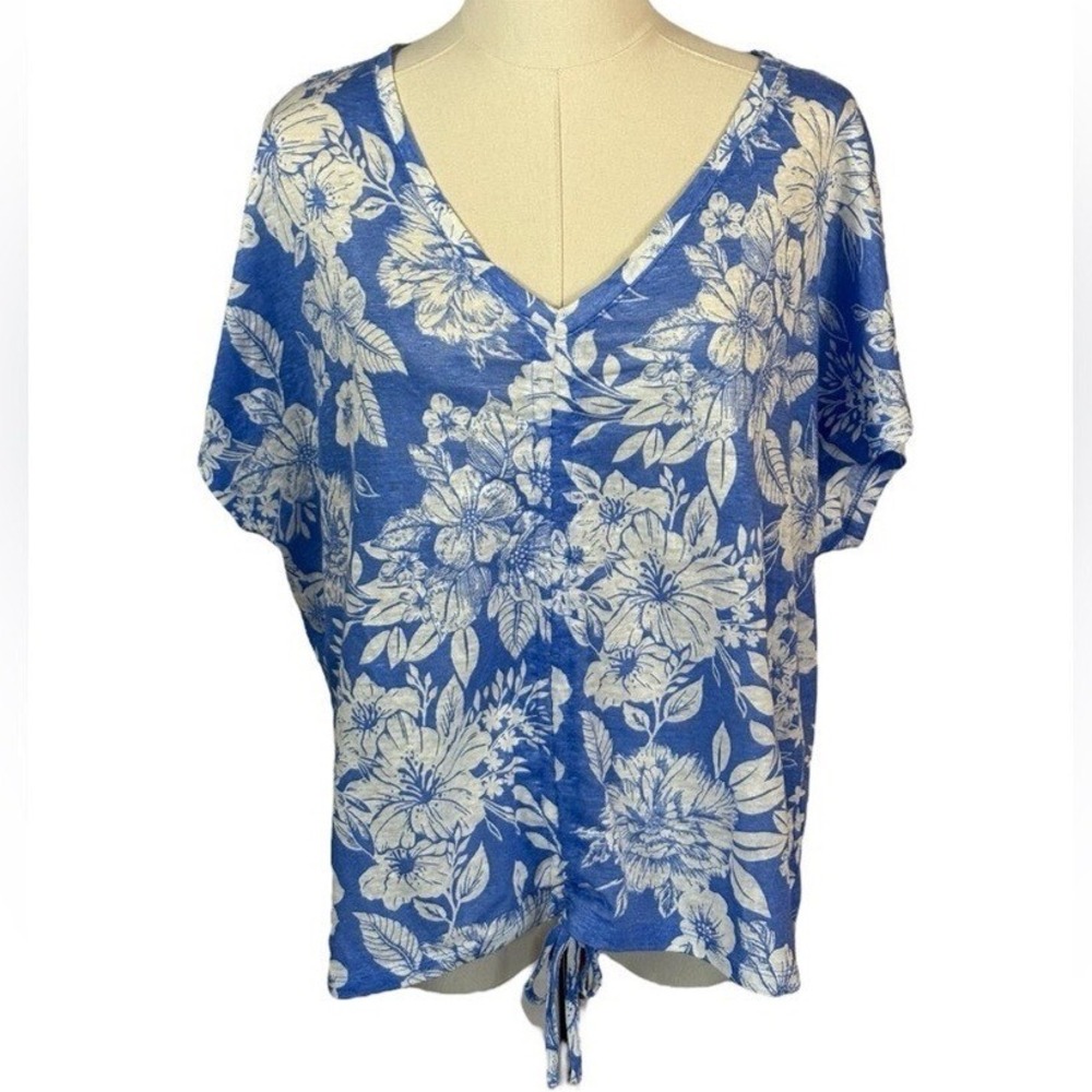C&C California 100%‎ Linen Blue & White Floral Short Sleeve Tee (Size L)